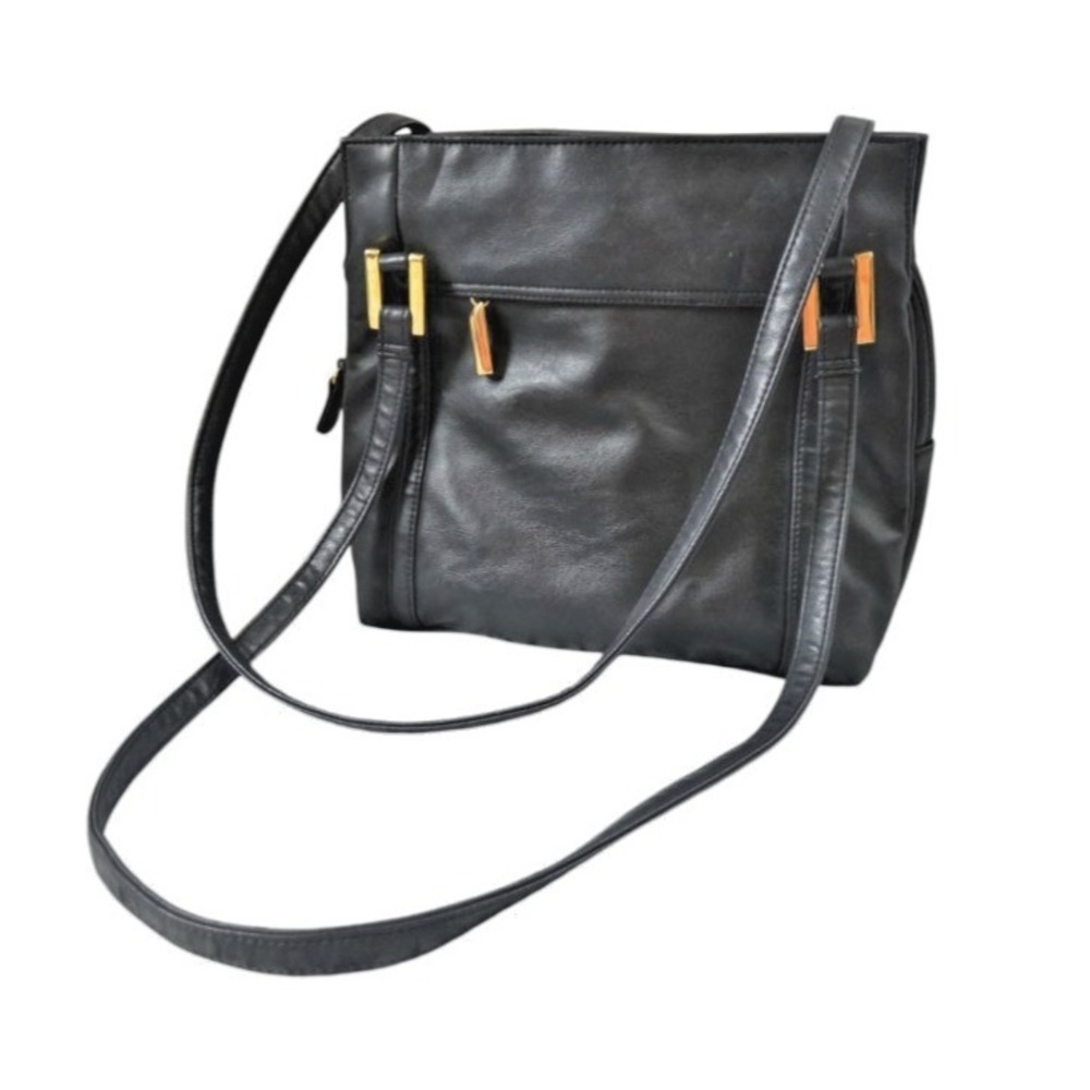 Tempo Design Shoulder Handbag‎ Black Faux Leather 3 Compartment Zippered Roomy